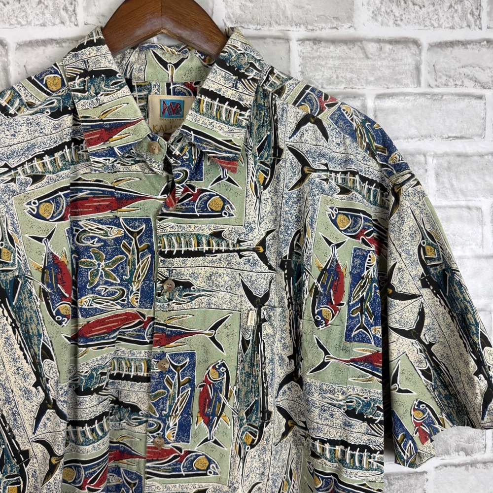 Kahala AVI Collection Mens XL Hawaiian Shirt Fish Marlin Print Cotton Green Blue